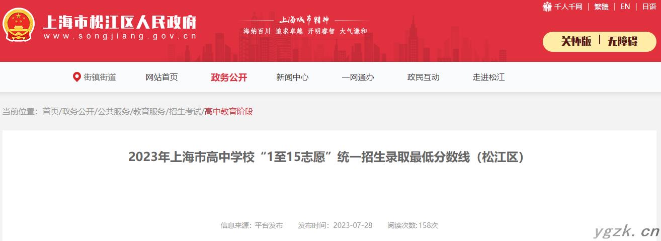 2023年上海松江高中学校“1至15志愿”统一招生录取最低分数线